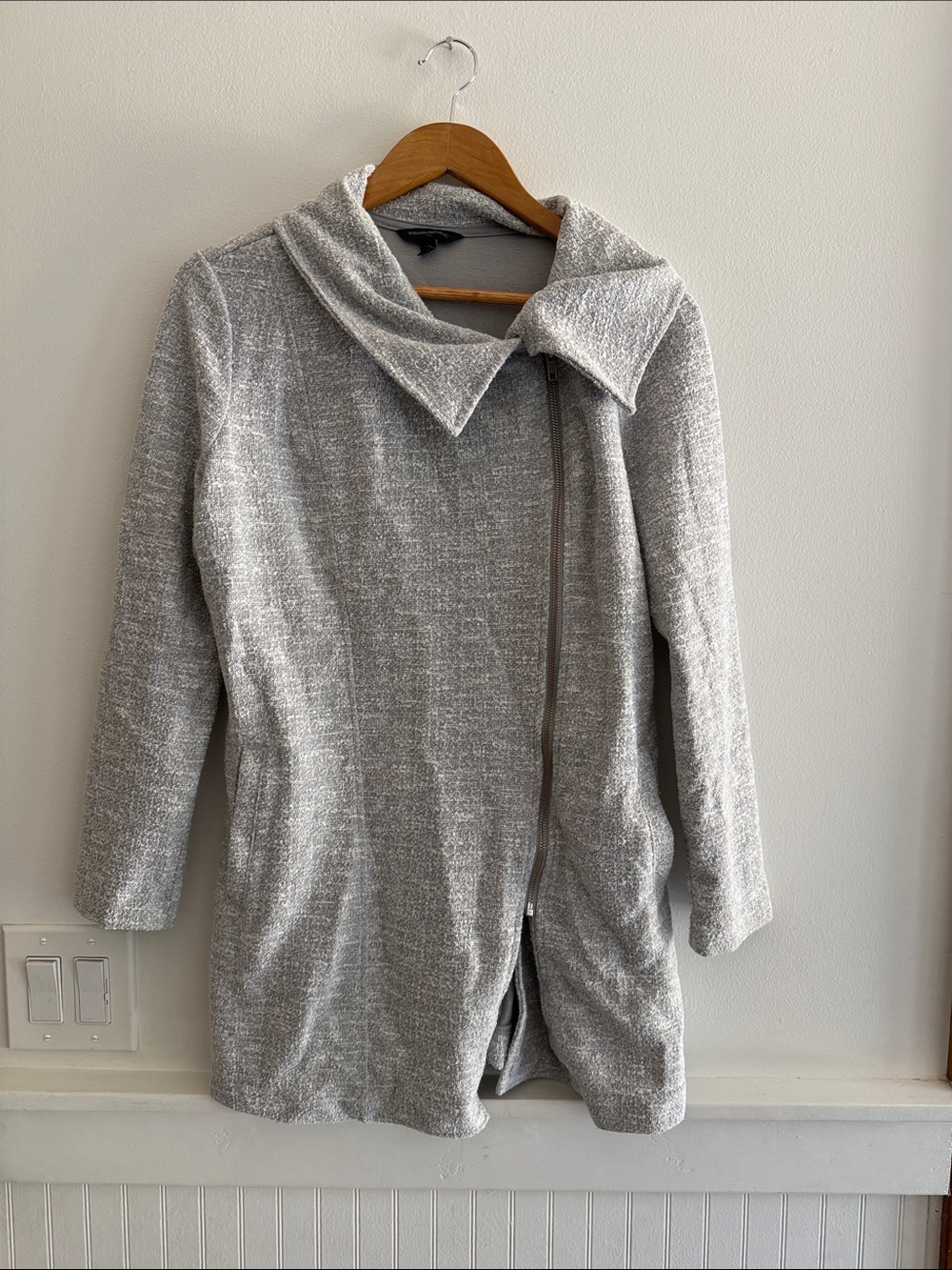 Banana Republic Light Gray Knit Asymmetrical Zip Trench Coat